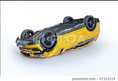 Car crashed Yellow car upsde down heavily damaged  47152514