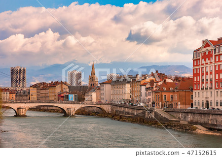 Church, Isere river and bridge in Grenoble, France 47152615