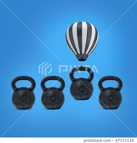 3d rendering of four black kettlebells with only one of them flying under a hot air balloon. 3d rendering of four black kettlebells with only one of them flying under a hot air balloon. 47153138