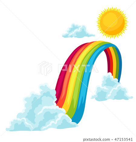 Illustration of clouds, sun and rainbow in sky. - Stock Illustration ...