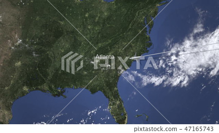 Airplane flying to Atlanta, United States from east, 3D rendering Airplane flying to Atlanta, United States from east, 3D rendering 47165743
