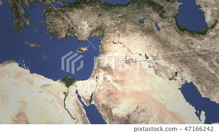 Airliner flying to Damascus, Syria from east, 3D rendering  47166242