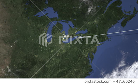Airplane flying to Detroit, United States from east, 3D rendering 47166246