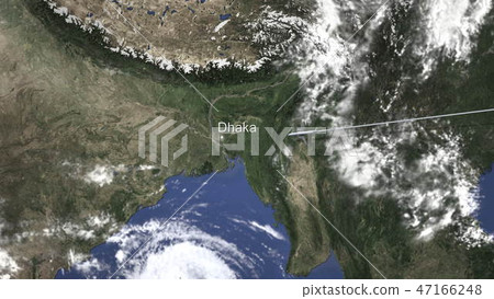 Route of a commercial plane flying to Dhaka, Bangladesh on the map, 3D rendering  47166248