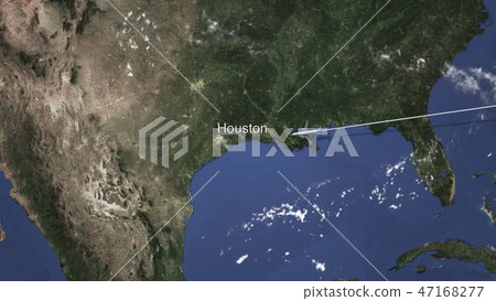 Airplane flying to Houston, United States from east, 3D rendering 47168277