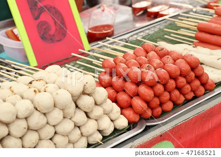 grilled sausage and meatball in street food 47168521