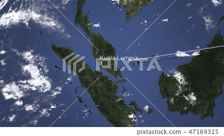 Route of a commercial plane flying to Kuala Lumpur, Malaysia on the map, 3D rendering  47169315