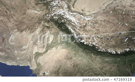 Plane arrives to Lahore, Pakistan from east, 3D rendering  47169319
