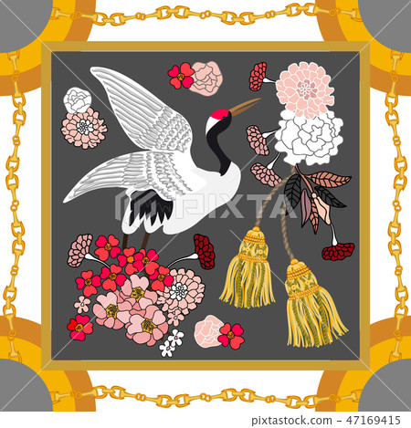 Silk scarf with crane inspired by Japanese art.  47169415