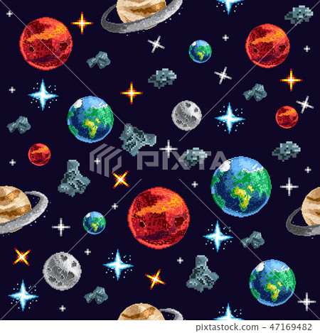 Colorful pixel planets in seamless background 47169482