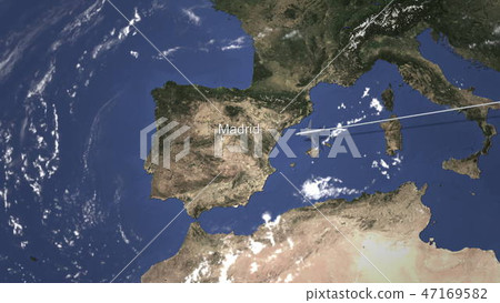 Airplane flying to Madrid, Spain on the map, 3D... - Stock Illustration ...