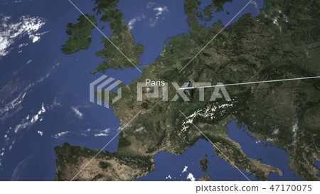 Route of a commercial plane flying to Paris, France on the map, 3D rendering  47170075