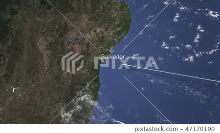 Airplane flying to Salvador, Brazil from east, 3D rendering 47170190