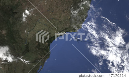 Airplane flying to Santos, Brazil on the map, 3D rendering Airplane flying to Santos, Brazil on the map, 3D rendering 47170214