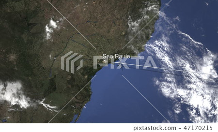 Route of a commercial plane flying to Sao Paulo, Brazil on the map, 3D rendering  47170215