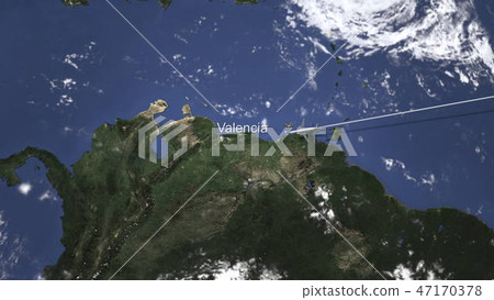 Airplane flying to Valencia, Venezuela on the map, 3D rendering  47170378