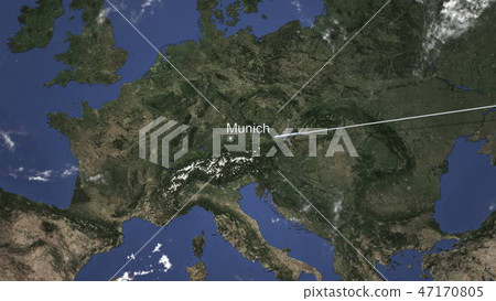 Route of a commercial plane flying to Munich, Germany on the map, 3D rendering  47170805