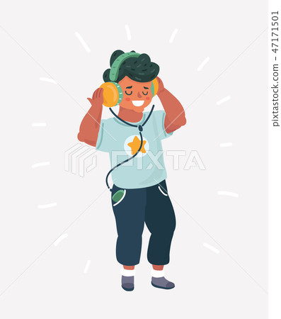 Funny boy cartoon listening music. Funny boy cartoon listening music. 47171501