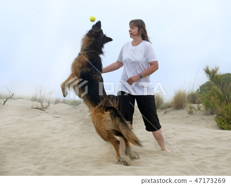 woman playing with dog 47173269
