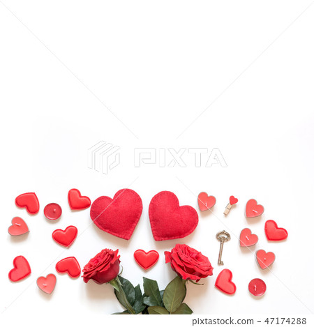 Valentine's card. Frame with gift, roses, hearts. 47174288