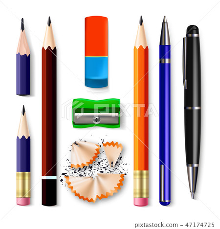 Pen, Pencil Stationery Set Vector. Sharpened. Classic Rubber, Without, Graphite. Wood, Plastic And 47174725