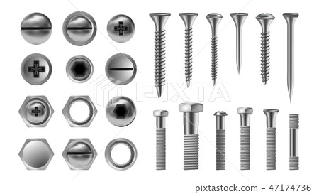 Metal Screw Set Vector. Stainless Bolt. Hardware Repair Tools. Head Icons. Nails, Rivets, Nuts Metal Screw Set Vector. Stainless Bolt. Hardware Repair Tools. Head Icons. Nails, Rivets, Nuts 47174736