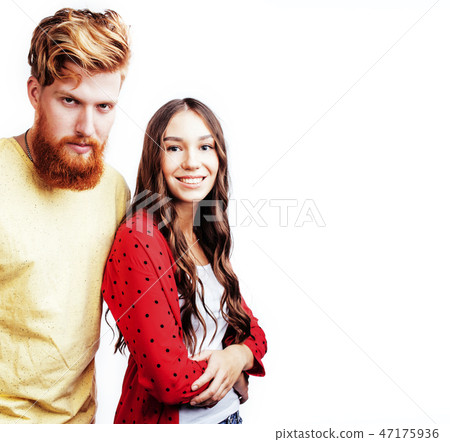 young pretty couple in love huggings isolated on white backgroun 47175936