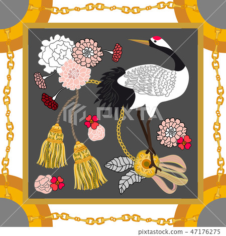Silk scarf with crane inspired by Japanese art. Silk scarf with crane inspired by Japanese art. 47176275