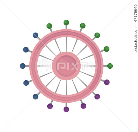 Sewing pins with colorful heads in round plastic wheel. Dressmaking tools. Flat vector design 47176646