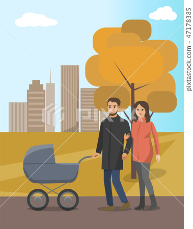 Autumn Park and Couple Walking with Baby Carriage Autumn Park and Couple Walking with Baby Carriage 47178385