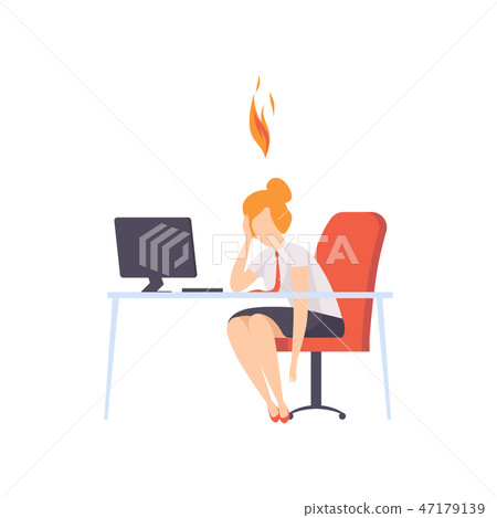 Exhausted tired woman sitting at her working place with computer in office, businesswoman with 47179139