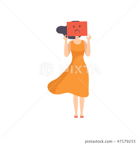 Young woman holding a sheet of paper with a sad face, emotional burnout concept, stress, headache Young woman holding a sheet of paper with a sad face, emotional burnout concept, stress, headache 47179255