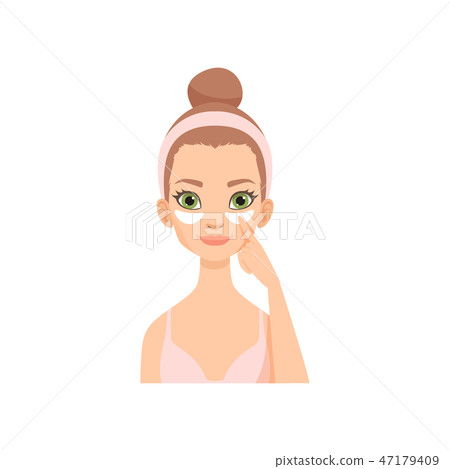 Attractive young woman applying white under eye patches, girl caring for her face, eye skin 47179409