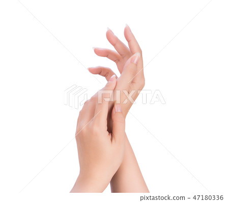 Woman hand smear milk frost treatment escort white background 47180336