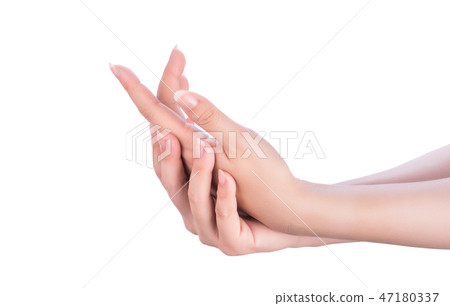 Woman hand smear milk frost treatment escort white background 47180337