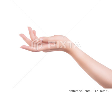 Female hand gems white pearls white background 47180349