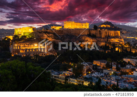 Parthenon temple in Acropolis Hill in Athens, Greece at dusk Parthenon temple in Acropolis Hill in Athens, Greece at dusk 47181950