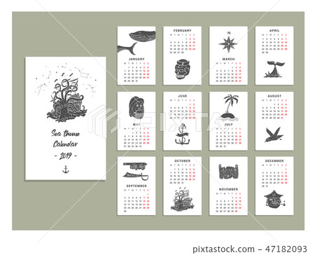 Sea theme calendar 2019. Sea theme calendar 2019. 47182093