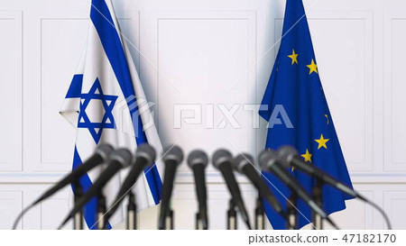 Flags of Israel and the European Union at international meeting or conference. 3D rendering Flags of Israel and the European Union at international meeting or conference. 3D rendering 47182170
