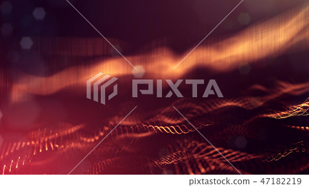 Particles form line and surface grid. 3d rendering. Science fiction golden background of glowing Particles form line and surface grid. 3d rendering. Science fiction golden background of glowing 47182219
