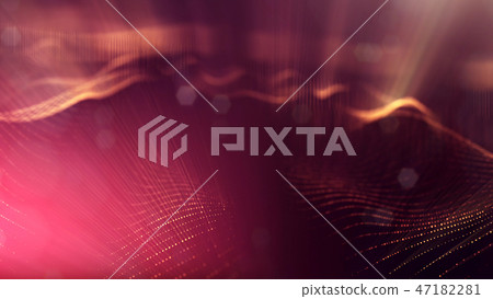 Particles form line and surface grid. 3d rendering. Science fiction golden background of glowing 47182281
