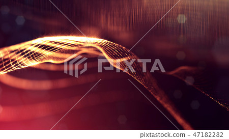 Particles form line and surface grid. 3d rendering. Science fiction golden background of glowing 47182282