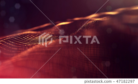 Particles form line and surface grid. 3d rendering. Science fiction golden background of glowing Particles form line and surface grid. 3d rendering. Science fiction golden background of glowing 47182297