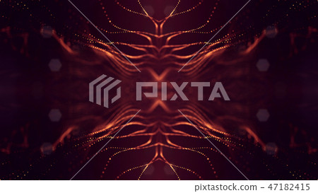 Particles form line and surface grid. 3d rendering. Science fiction golden background of glowing 47182415