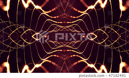 Particles form line and surface grid. 3d rendering. Science fiction golden background of glowing 47182491