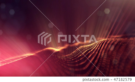 Particles form line and surface grid. 3d rendering. Science fiction golden background of glowing 47182579