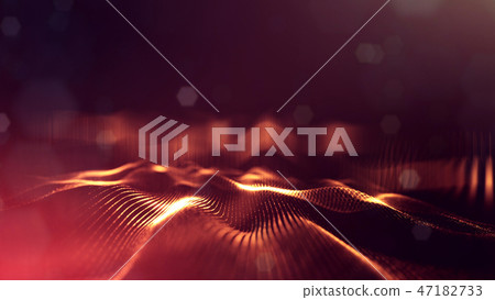 Particles form line and surface grid. 3d rendering. Science fiction golden background of glowing Particles form line and surface grid. 3d rendering. Science fiction golden background of glowing 47182733
