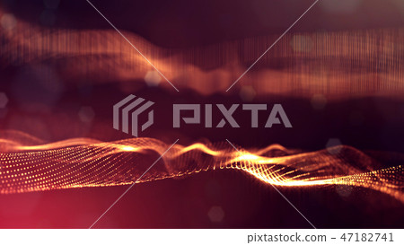 Particles form line and surface grid. 3d rendering. Science fiction golden background of glowing 47182741