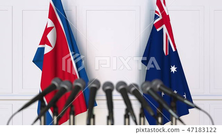 Flags of North Korea and Australia at international meeting or conference. 3D rendering Flags of North Korea and Australia at international meeting or conference. 3D rendering 47183122