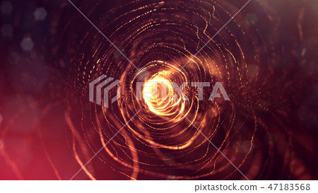 Particles form line and surface grid. 3d rendering. Science fiction golden background of glowing 47183568